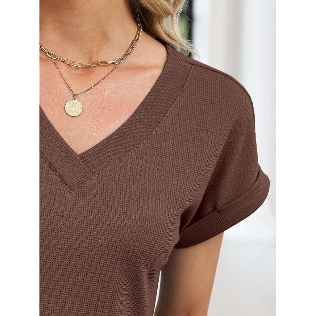 Anrabess Womens Waffle Knit Tops 2026 Summer Casual Short Sleeve V Neck T Shirts Basic Work Tee Spring Vacation Blouses