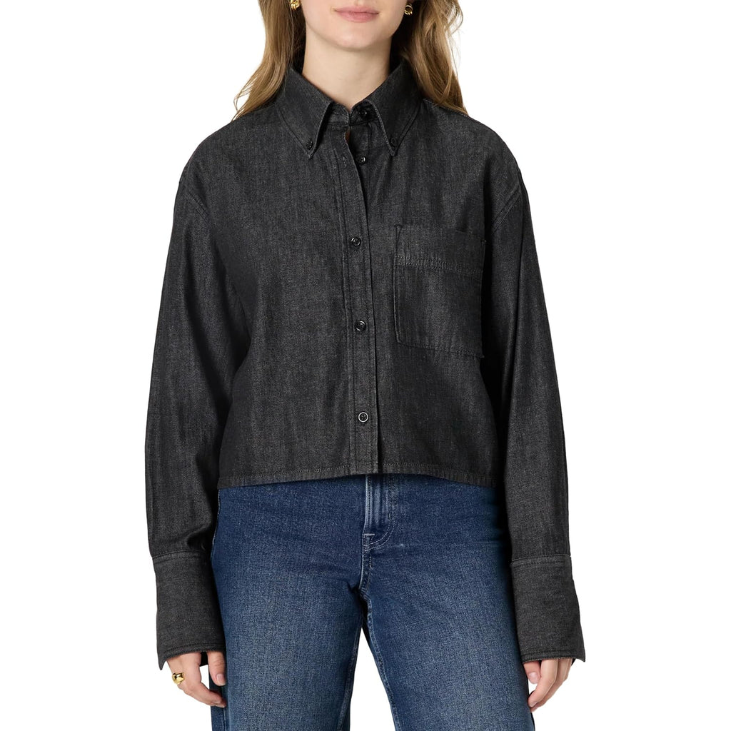 Amazon Essentials Women'S Modern Oversized-Fit Cropped Denim Button-Down Shirt