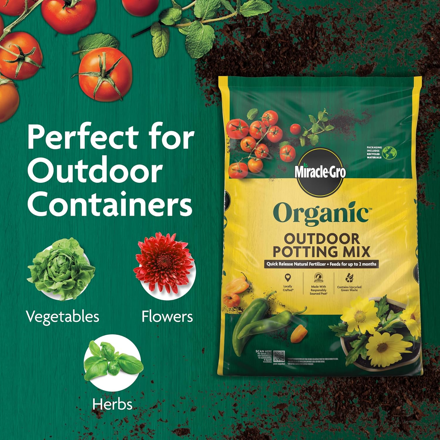Miracle-Gro Organic Outdoor Potting Mix, 16 Qt. | Plant Soil For Outdoor Container Plants, Contains Quick-Release Natural Fertilizer, Omri Listed