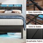 Queen Bed Frame With Headboard And Storage Shelf, Led Light And Charging Station, Metal Platform Bed With Heavy Duty Slats, No Box Spring Needed, Noise Free & Easy Assembly