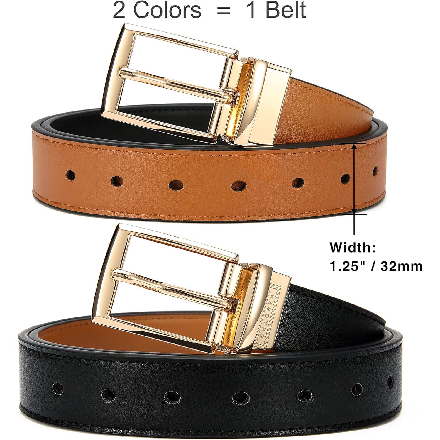 CHAOREN Reversible Belt for Women, Womens Leather Belt for Jeans Pants - 2 Styles in One Belt