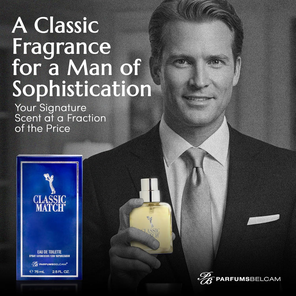 PB ParfumsBelcam Blue Classic Match Eau de Toilette Spray for Men – Modern Citrus Fougere Fragrance, Notes of Melon, Moss and Patchouli, Cologne Alternative, Signature Fragrance – 2.54 Fl Oz