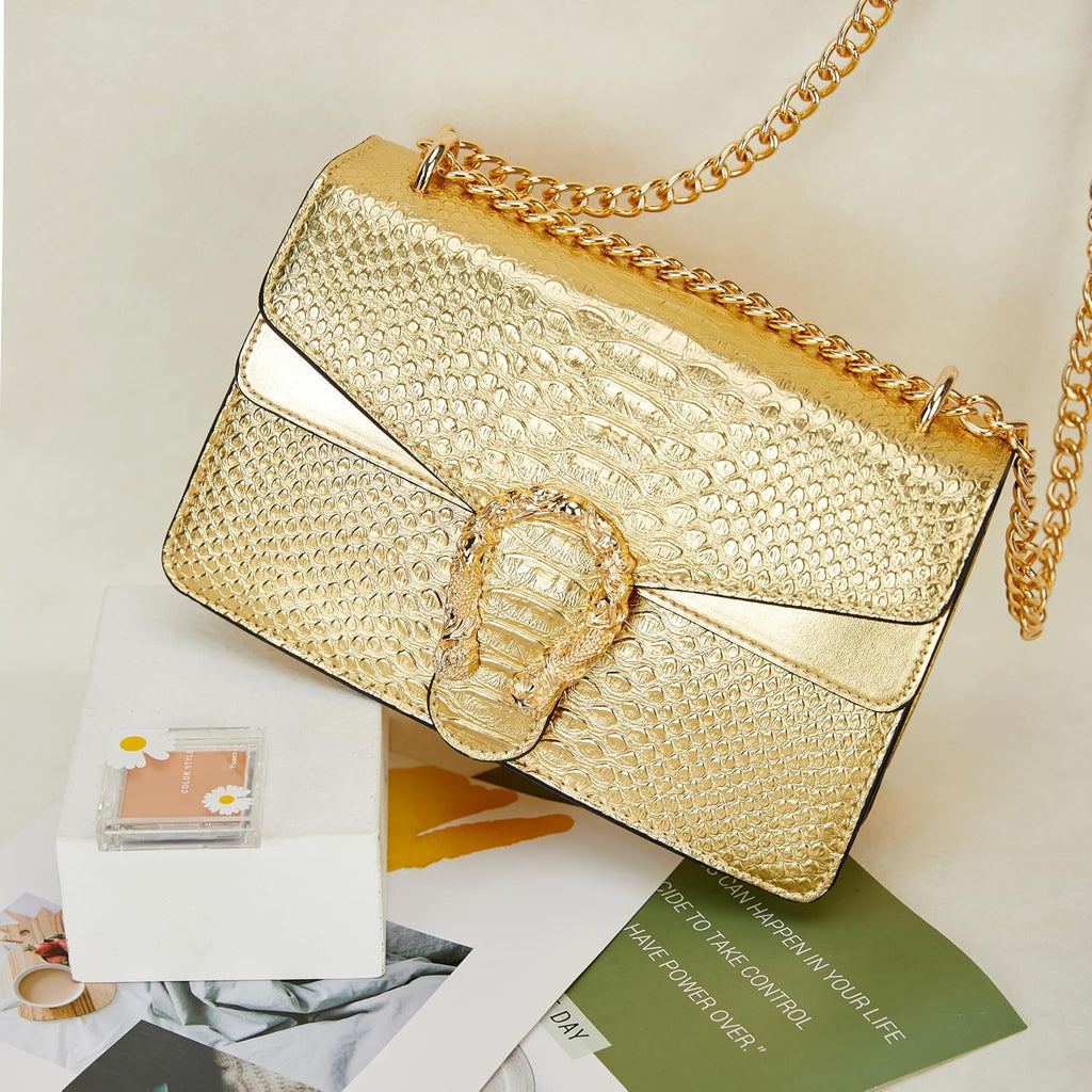 Leather Shoulder Bag Chain Purse For Women - Fashion Crossbody Bags Vintage Snake Print Underarm Bag Square Satchel Handbag