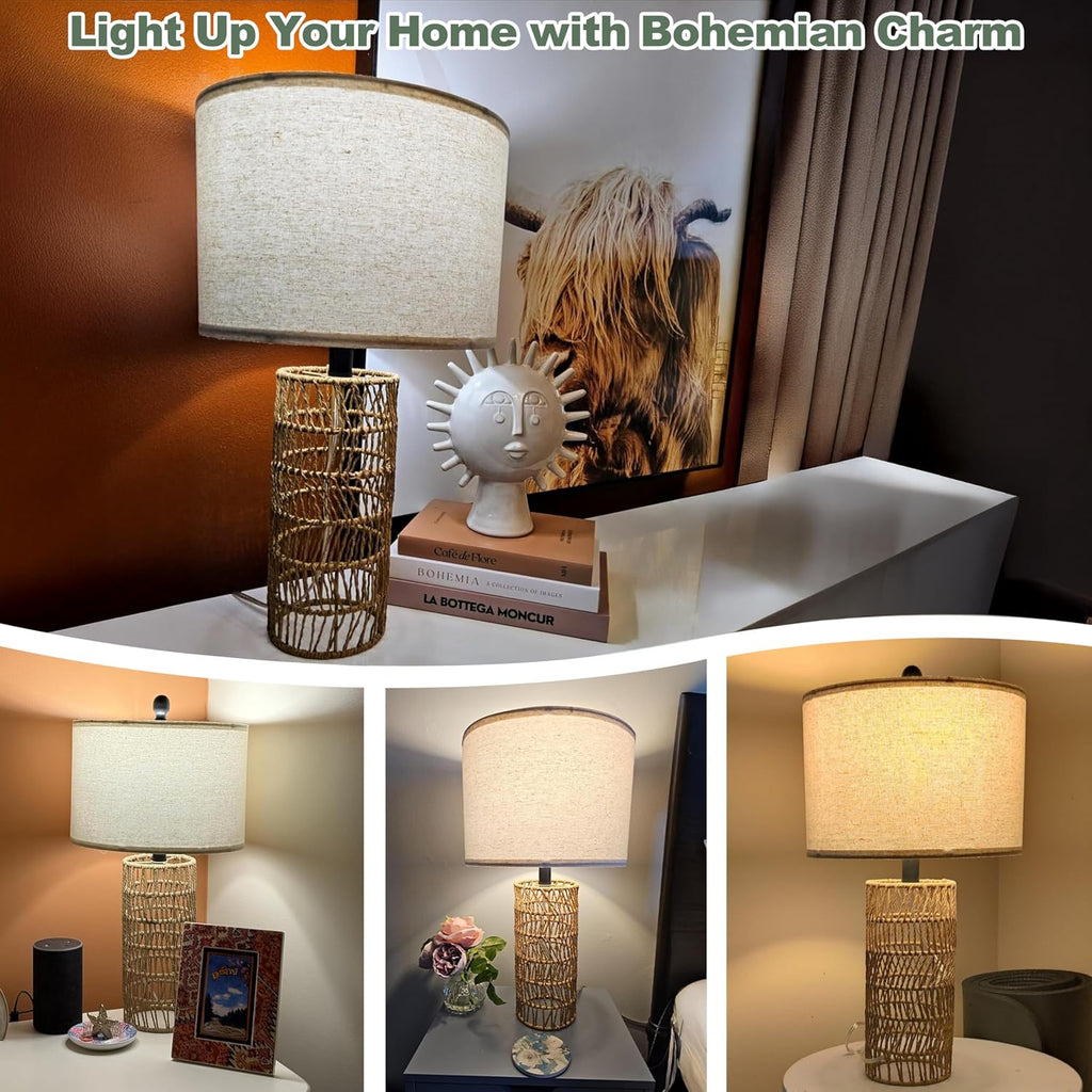 22.5" Boho Table Lamps Set Of 2 For Living Room, Bedside Lamp For Nightstands, Rattan Lamp For Bedroom, Farmhouse Table Lamp For Room Decor, End Table, Retro, Brown（Not Include Bulbs）