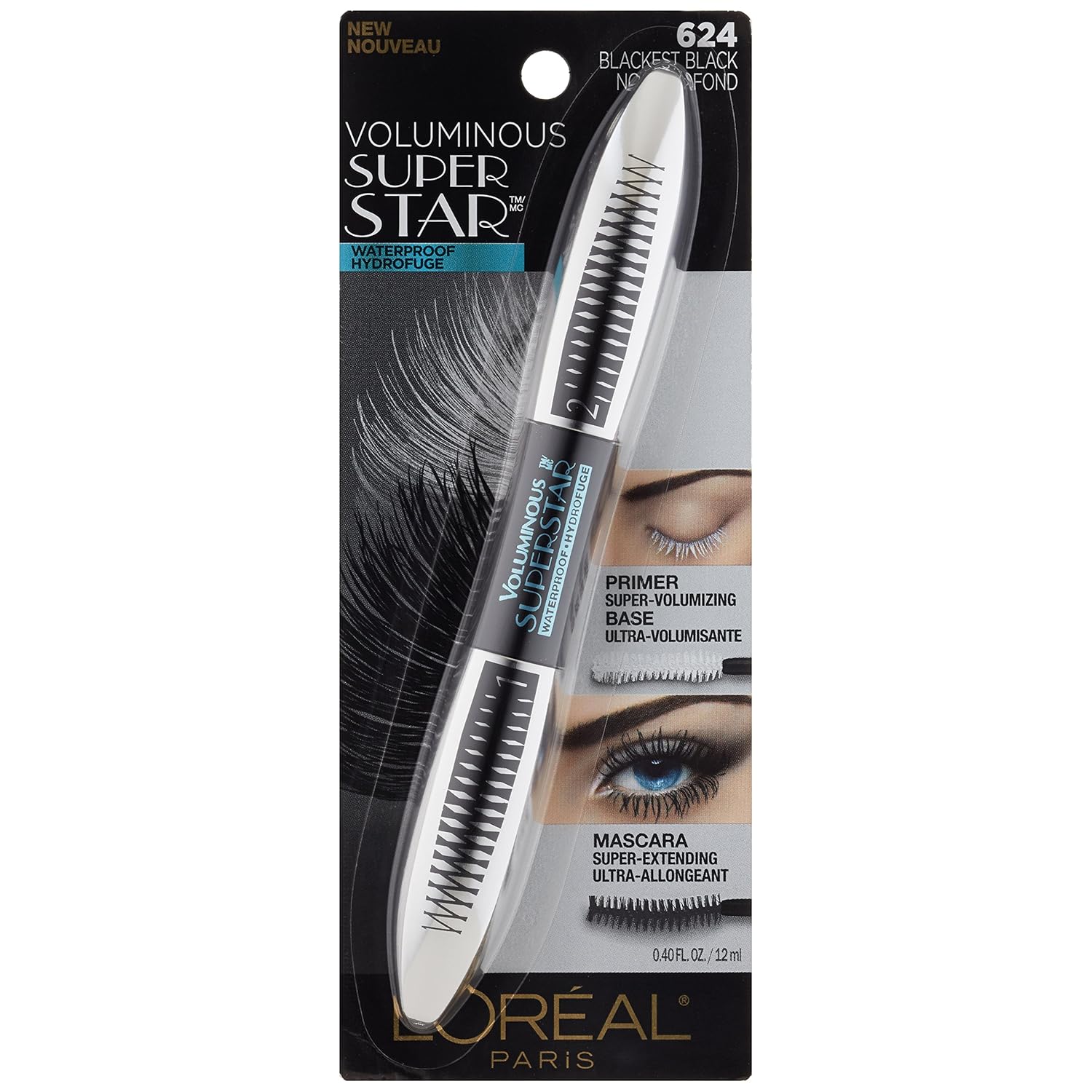 L'Oreal Paris Cosmetics Voluminous Superstar Mascara, Waterproof, Blackest Black, 0.41 Fl. Oz, 1 Count