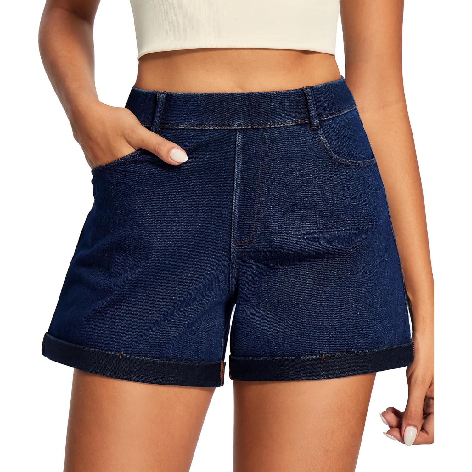 Stretchy Baggy Jean Shorts Womens Pull On Denim Shorts Women High Waisted Tummy Control Jorts Summer Casual with Pockets