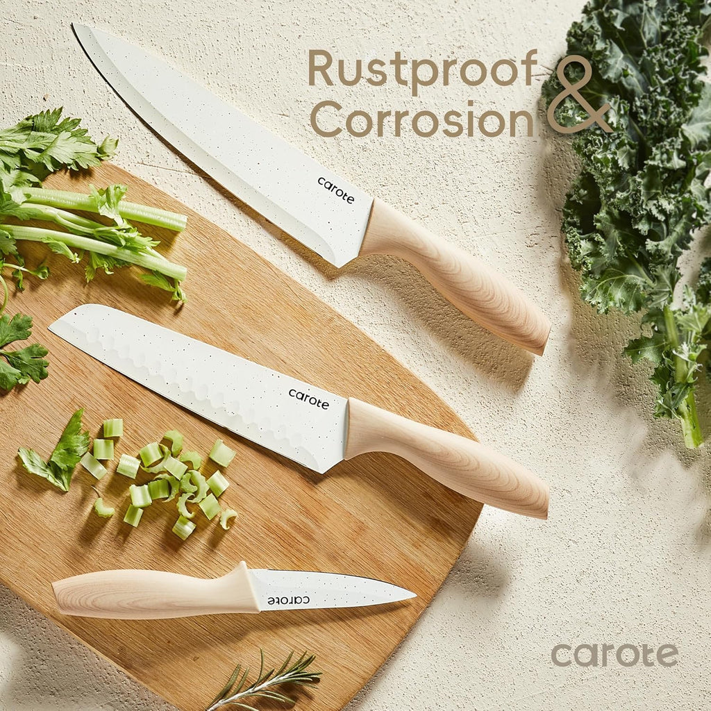 CAROTE 12PCS Knife set with Blade Guards,Granite Nonstick Ceramic Coating,Stainless Steel blade, Anti-Slip Handle, Essential Knives, Rustproof, White