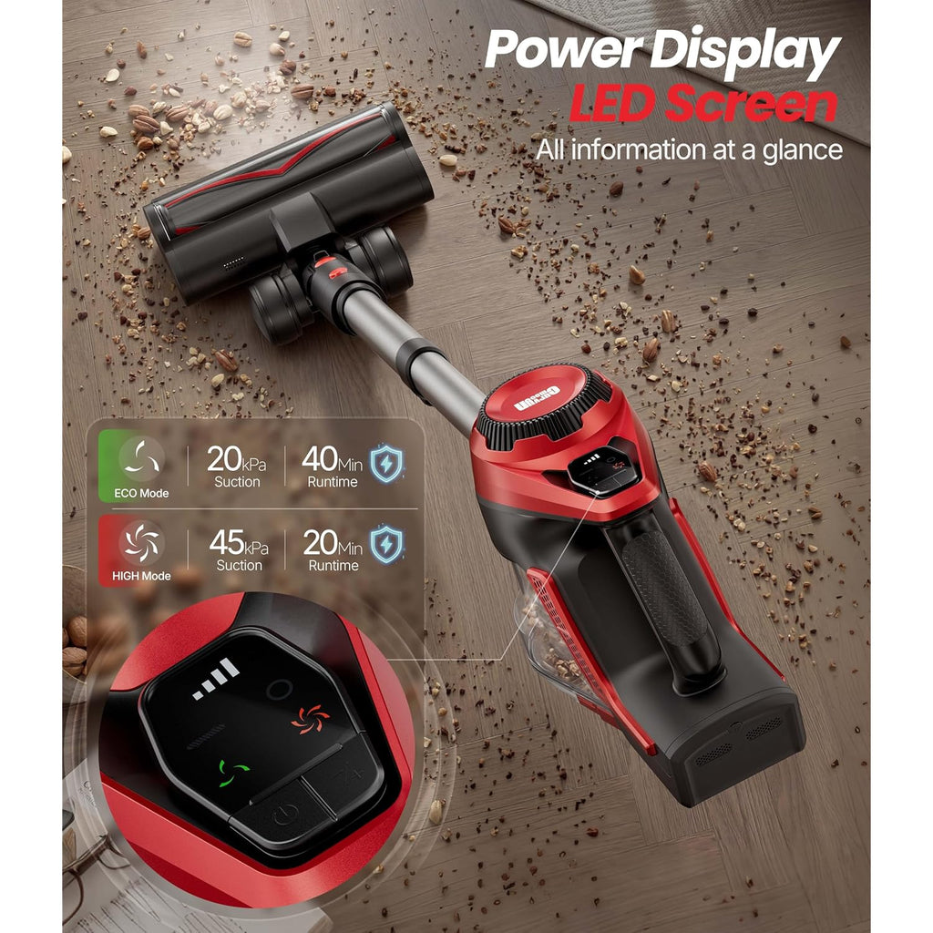 Cordless Vacuum Cleaner For Home, Stick Vacuum 45Kpa, Smart Display & 1.5L Dust Cup, Max 40Mins Runtime, Rechargeable Lightweight Handheld Vavuum For Pet Hair/Carpet/Hardwood Floor/Car (Crimson)