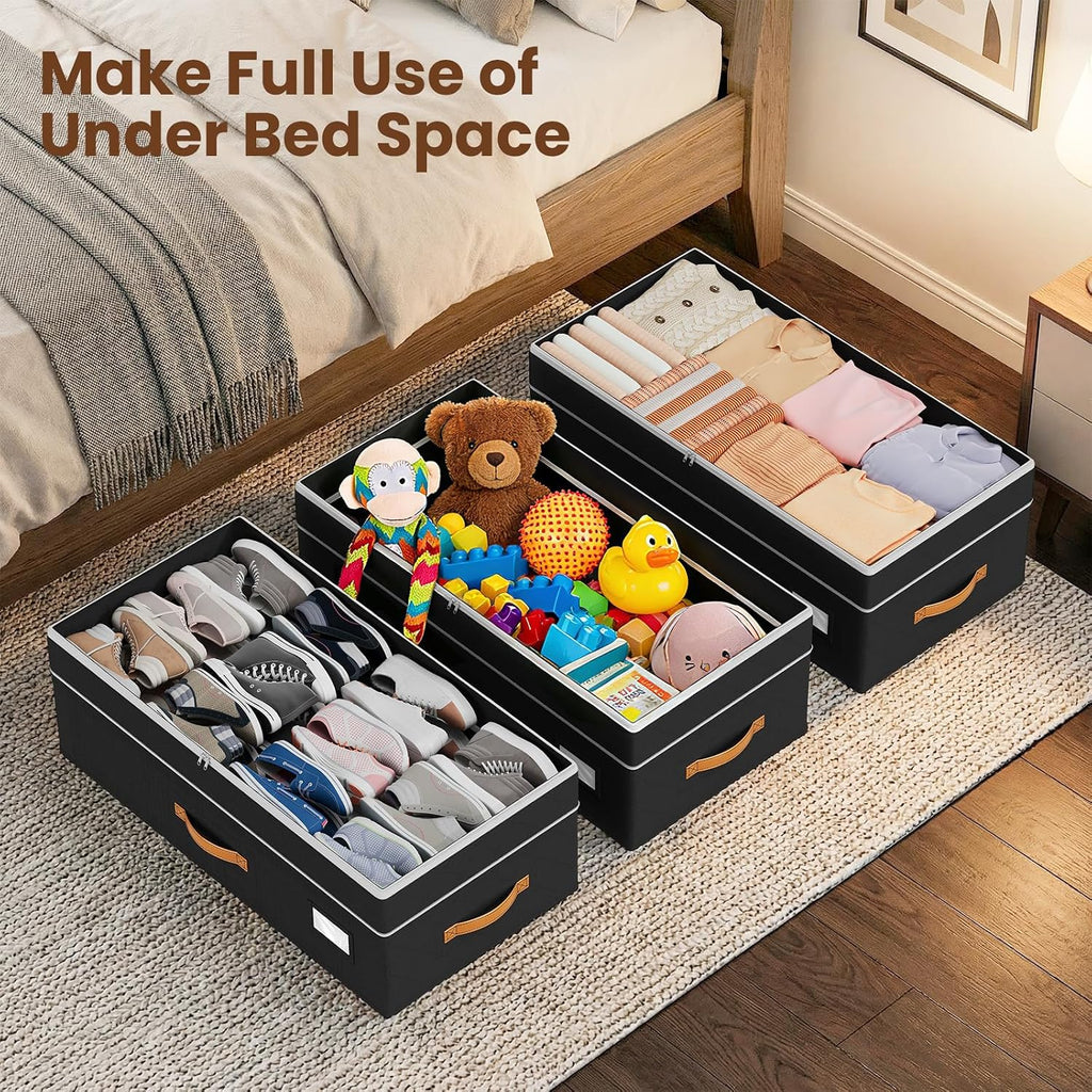 80L 2 Pack Adjustable Under Bed Storage With Wheels | Underbed Containers With Clear Lids, Rolling Under Bed Shoe Storage Organizer For Dorm Home Clothes, Blankets, Toys, Black