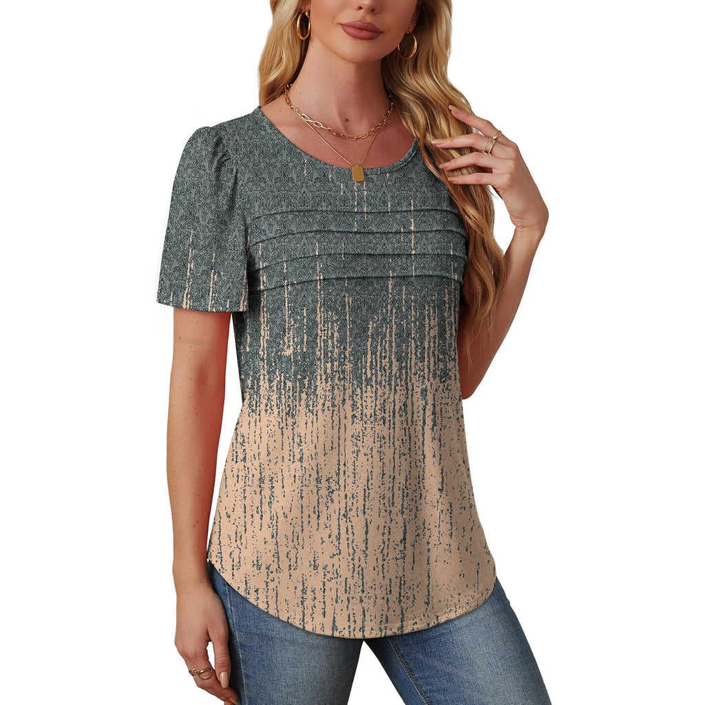 Womens T Shirts Short Sleeve Tops Dressy Casual Blouses Spring Summer Outfits Flowy Pleated Front Scooped Neck