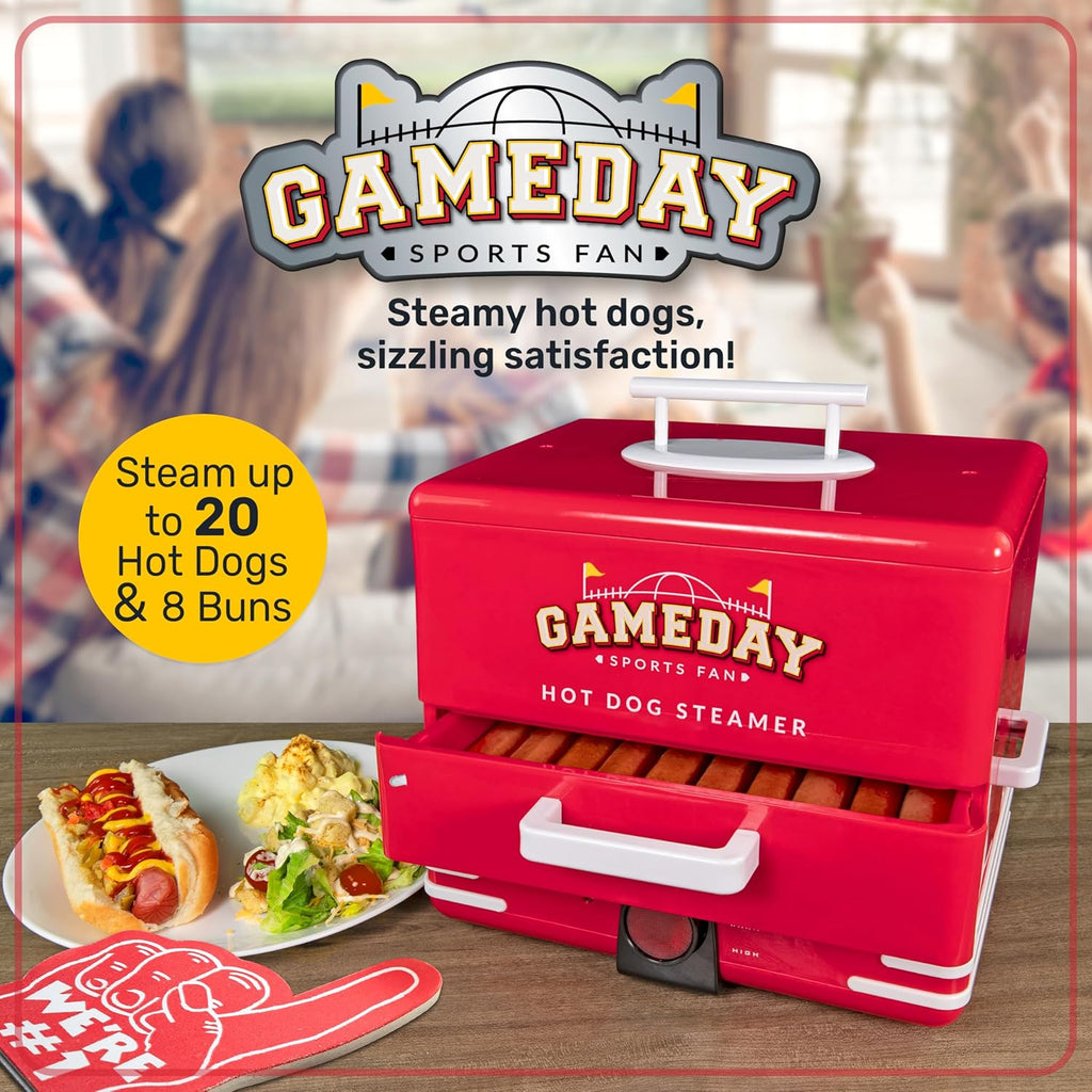 Nostalgia, Game Day Hot Dog Steamer and Bun Warmer, Fits 20 Dogs and 8 Buns, Steams Pot Stickers, Veggies, Potatoes, and Other Appetizers or Toppings
