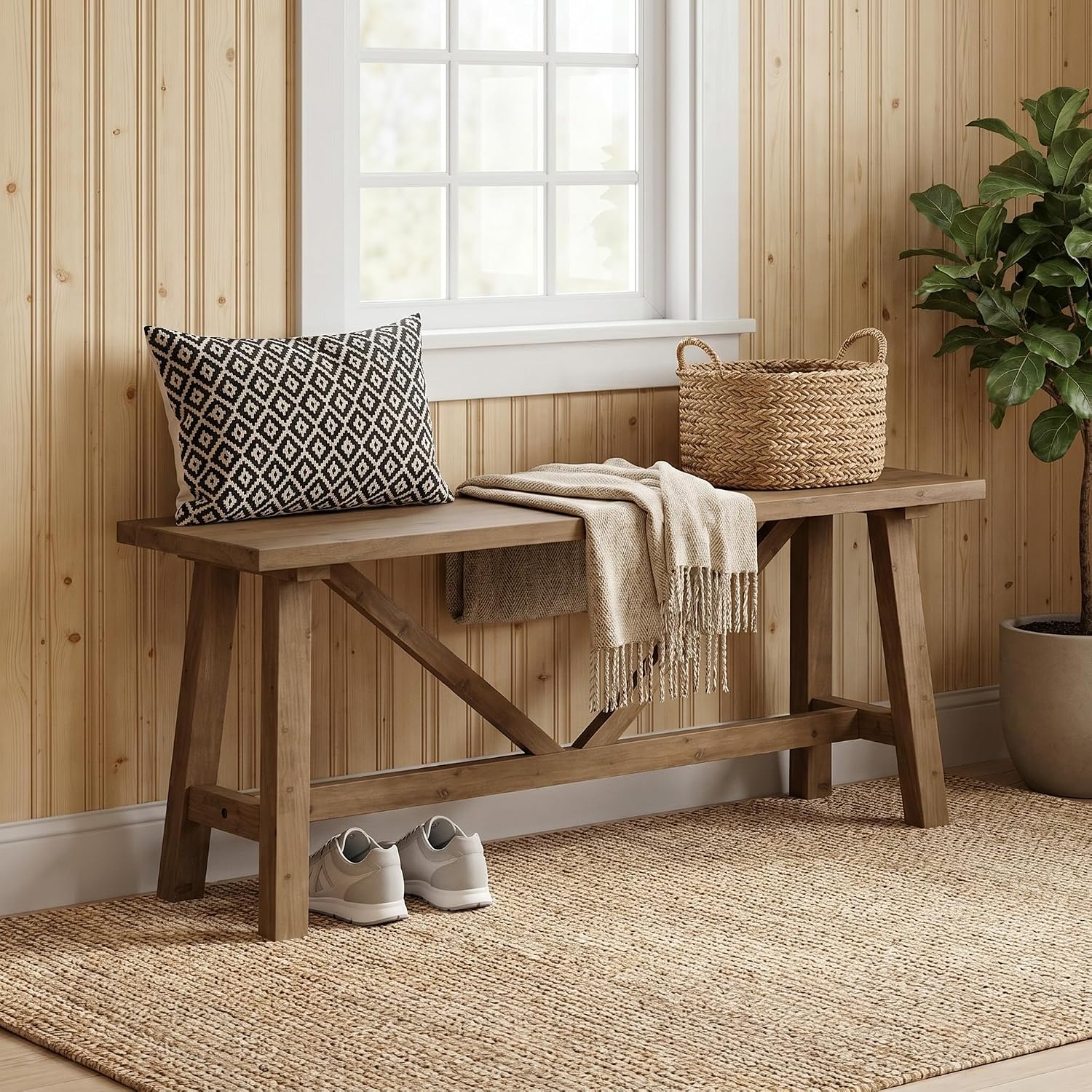 Wnutrees 43" Farmhouse Solid Wood Bench, Narrow Long Seat, Natural | Entryway Seat For End Of Bed, Living Room, Dining Area, Hallway