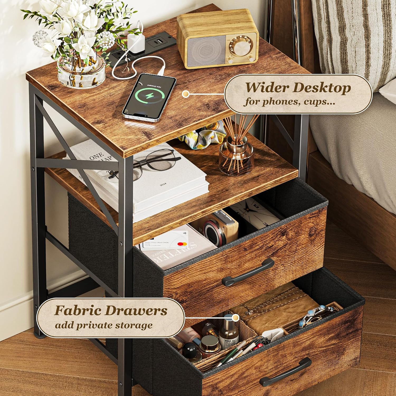 Huuger Nightstands Set Of 2, Night Stand With Charger Station, 2 Drawer Side Table With Open Shelf, Usb-C Port, End Table For Small Spaces, X Shaped Side Rail, Rustic Brown