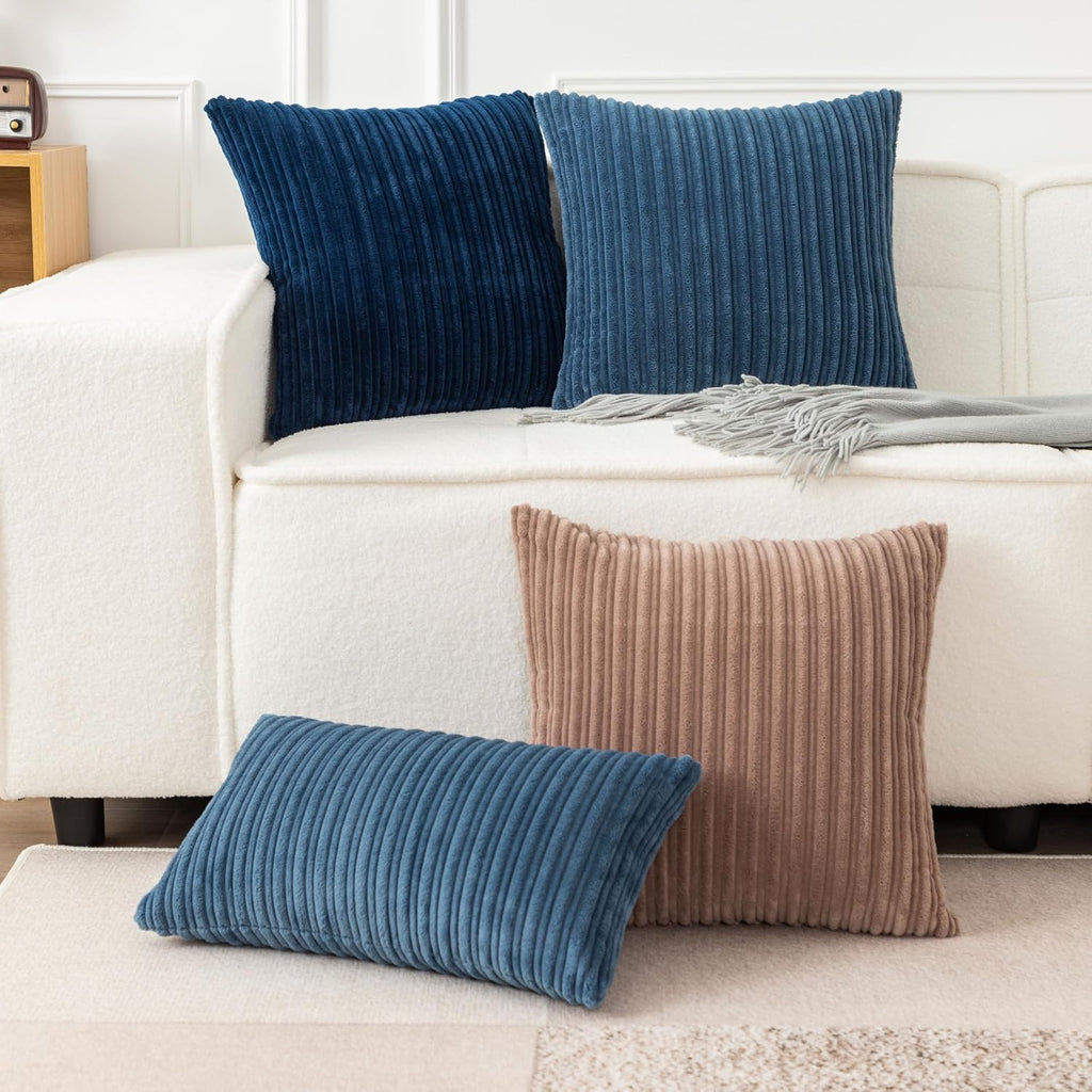 Ugasa Velvet 12X20 Inch Lumbar Soft Throw Pillow Cover Boho Farmhouse Decorative Corduroy Striped Both Sides Solid Rectangular Cushion Case For Couch Bedroom Sofa Home, 1 Piece, Dusty Blue