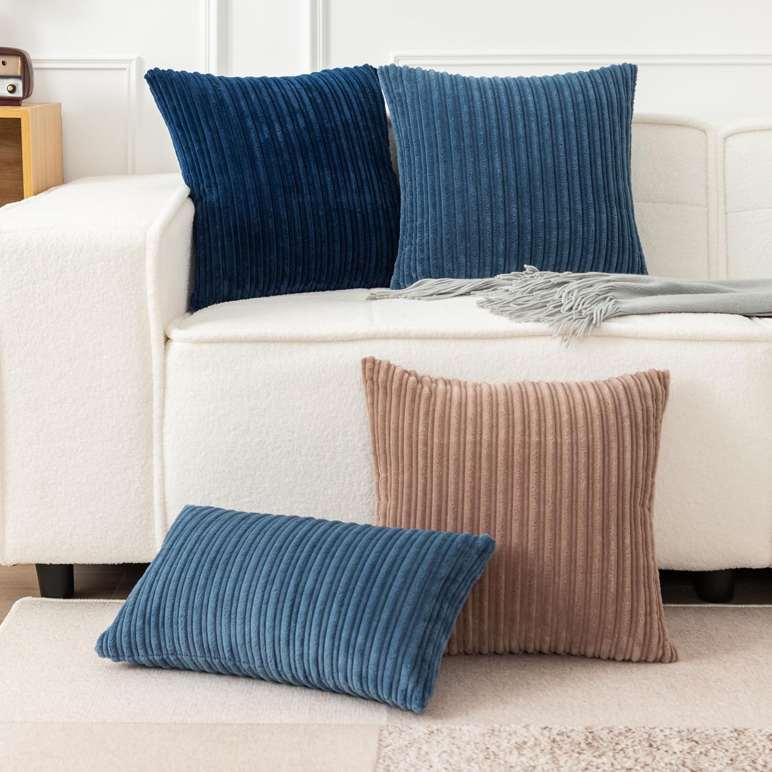Ugasa Velvet 12X20 Inch Lumbar Soft Throw Pillow Cover Boho Farmhouse Decorative Corduroy Striped Both Sides Solid Rectangular Cushion Case For Couch Bedroom Sofa Home, 1 Piece, Dusty Blue