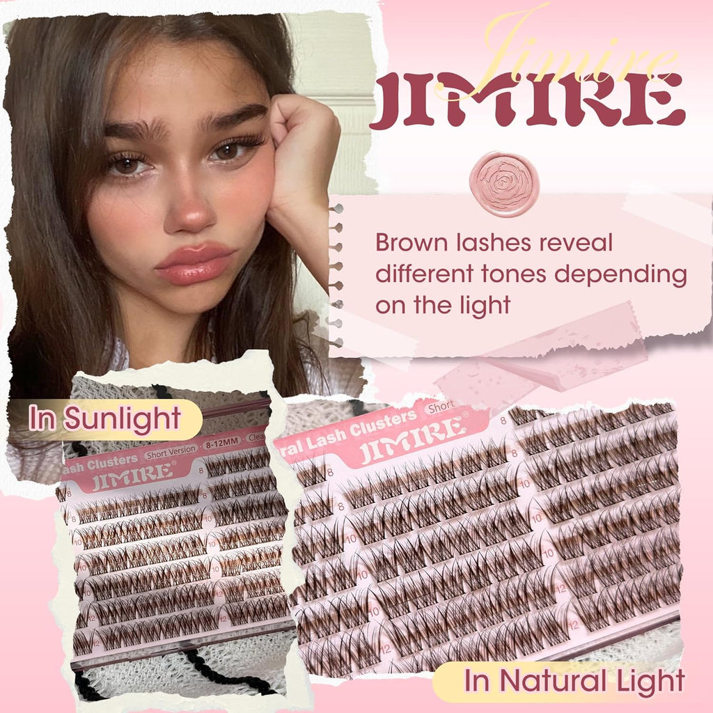Brown Lash Clusters 8-12MM Short Lashes Clusters Wispy Individual Lashes with Clear Band C-Curly Cluster Eyelash Extensions 120Pcs DIY Lash Extensions at Home by JIMIRE