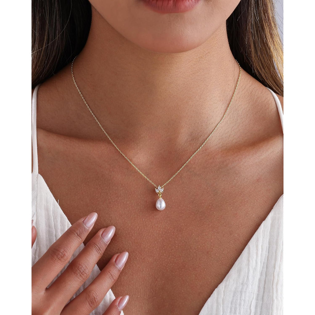 Pearl Necklaces for Women 14k Gold Plated Dainty Pearl Diamond Pendant Necklace Wedding Jewelry Bridal Bridesmaid Gifts for Women