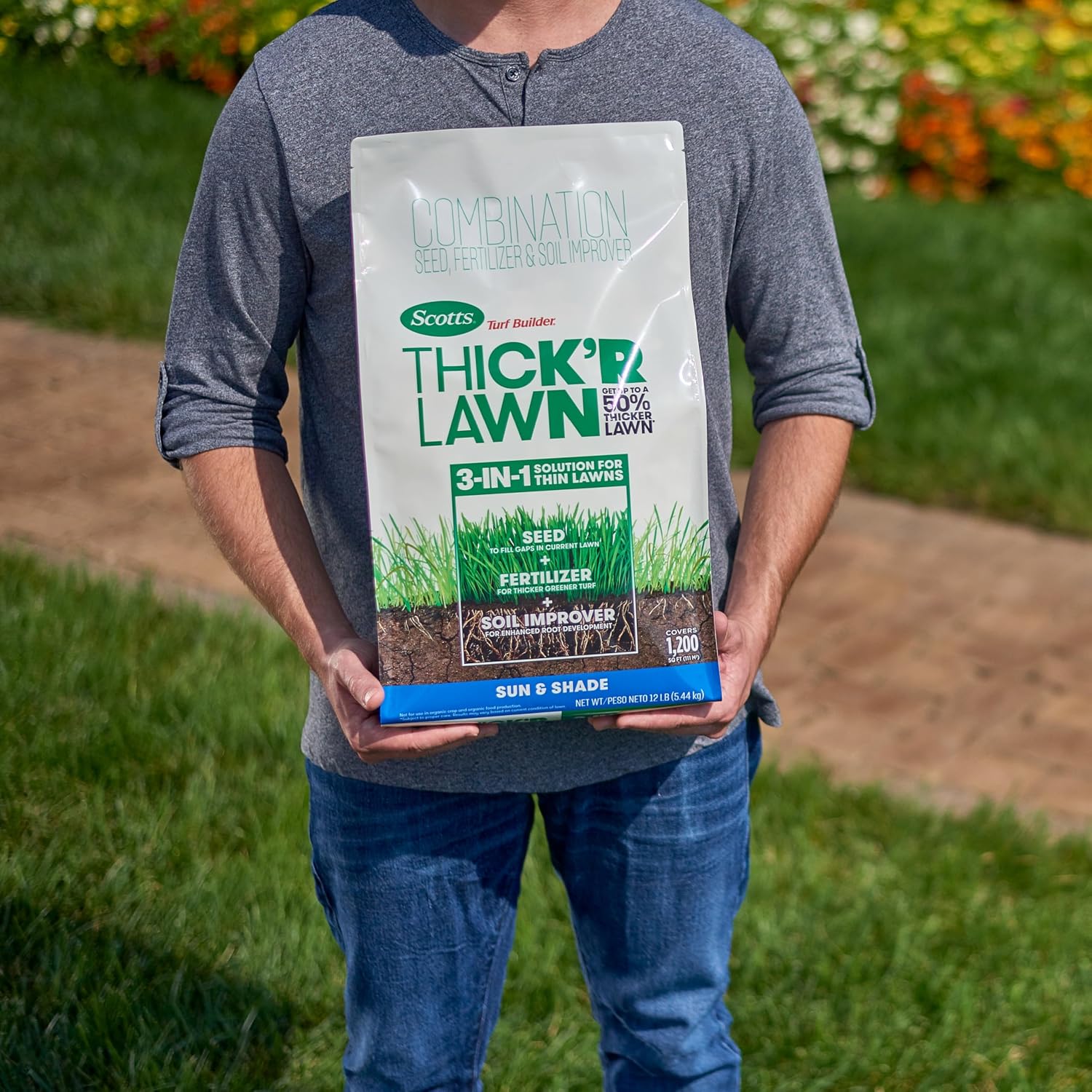 Scotts Turf Builder Thick'R Lawn Sun & Shade, 12 Lbs. | Combination Grass Seed, Lawn Fertilizer And Soil Improver, Thickens Thin Grass, Covers 1,200 Sq. Ft.