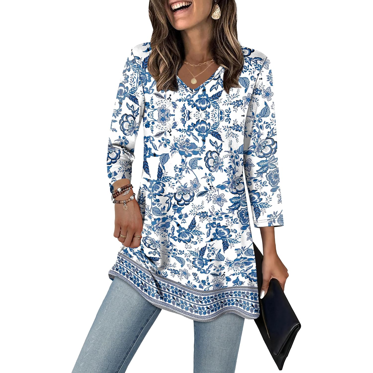 OFEEFAN 3/4 Length Sleeve Womens Tops Dressy Casual Plus Size Tunics to Wear with Leggings