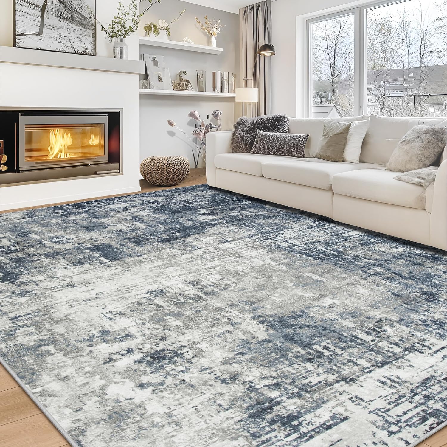 8X10 Area Rugs For Living Room Rug Washable: Modern Large Rug For Dining Room Bedroom Carpet Non Slip 8 By 10 Indoor Abstract Nursery Home Office Blue Grey