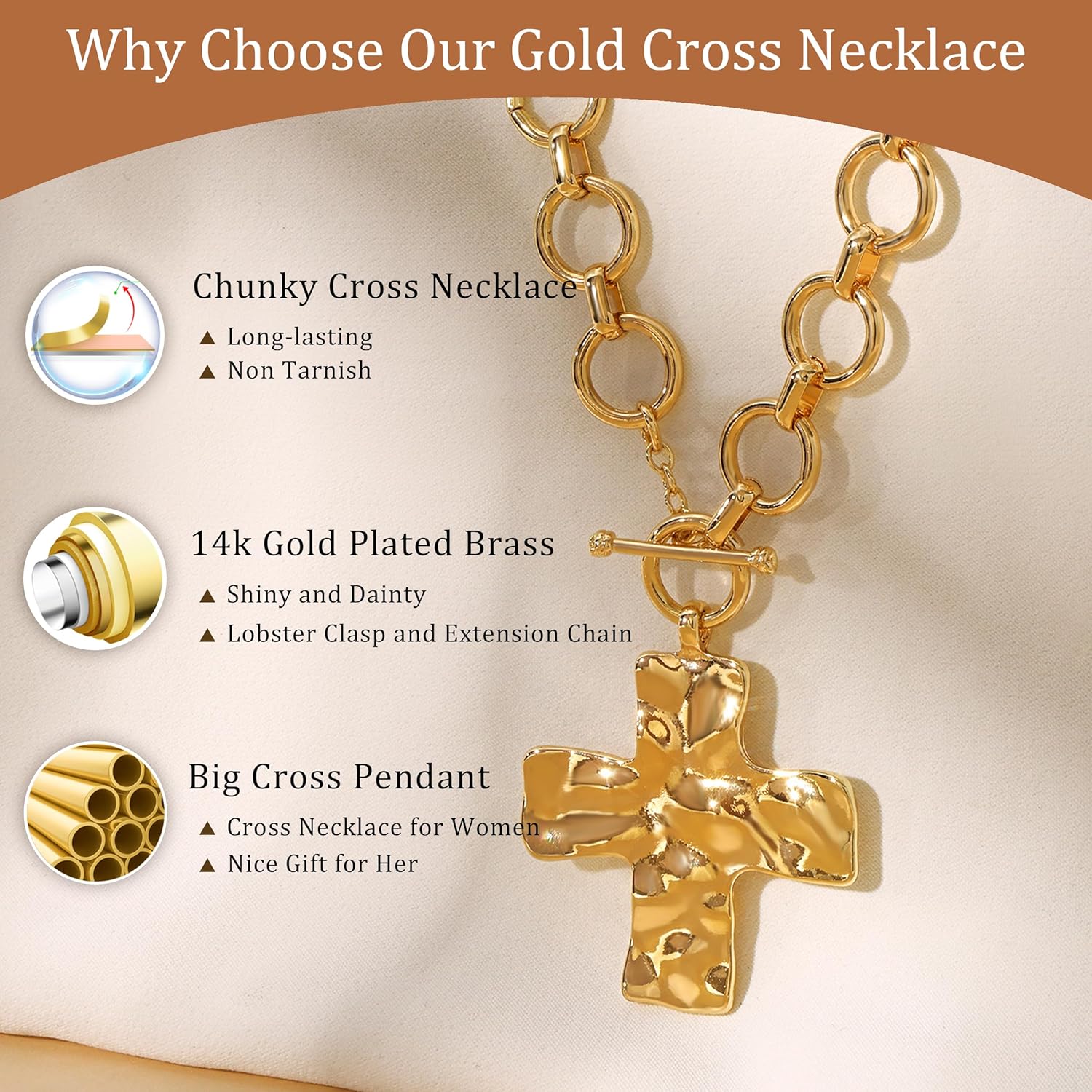 CHESKY 14K Gold Plated Chunky Cross Necklace for Women, Statement Cross Necklace Big Hammered Bold Cross Heart Pendant Necklace Trendy Gold Toggle Necklaces Vintage Jewelry