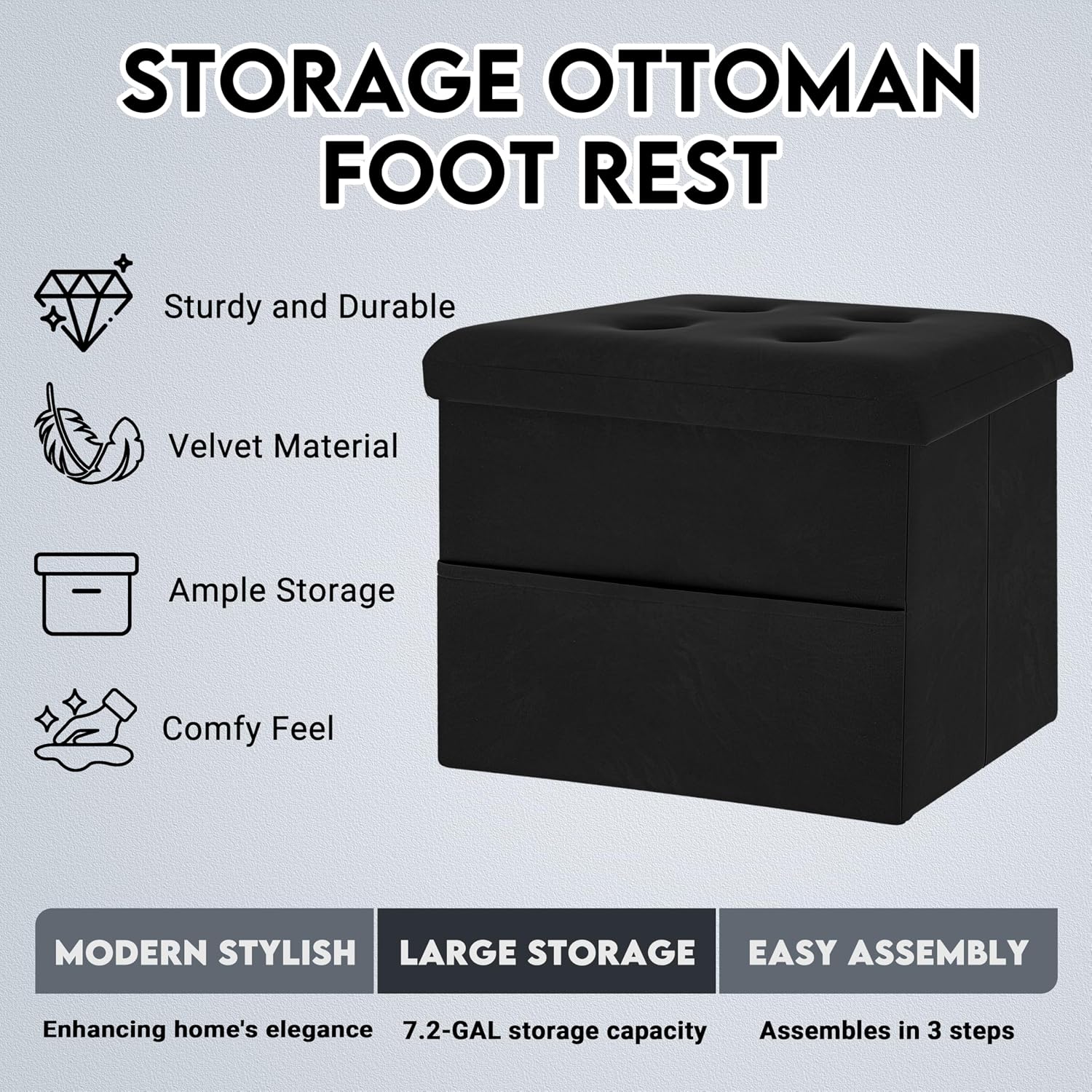 Zoes Homeware Small Storage Ottoman Foot Rest, Velvet Ottoman With Storage And Side Pocket, Black Foot Rest For Couch, Foldable Footstool For Chair, Living Room&Dorm, 16"X12"X12"