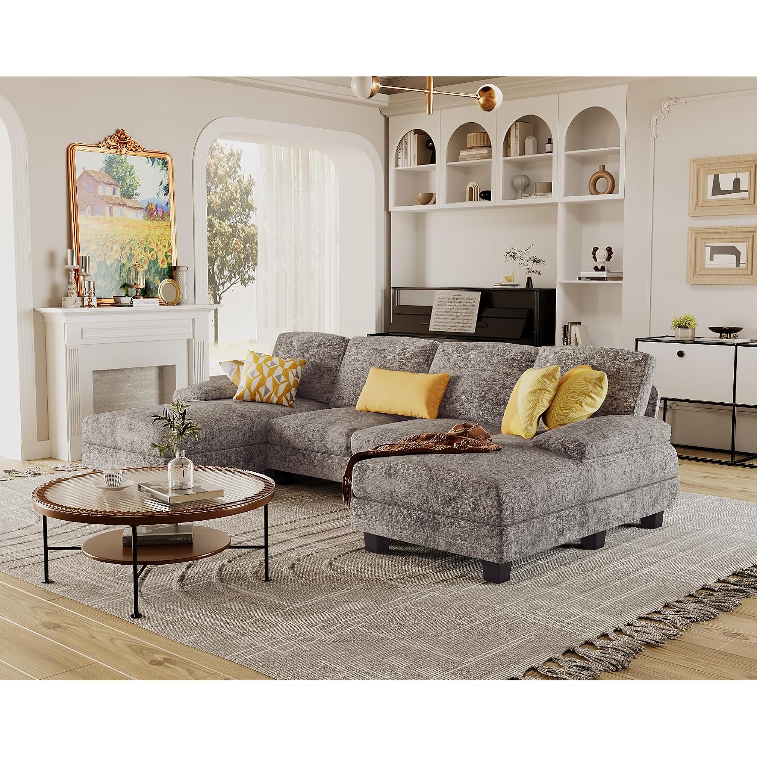 Furmax Sectional Couches For Living Room, U-Shaped Sofa Couch With Linen Fabric, 4 Seat Sofa Set With Double Chaise For Apartment (Chenille, Grey)