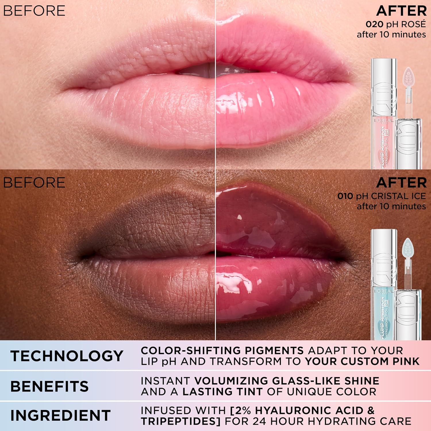 L'Oreal Paris Plump Ambition pH Hyaluron Lip Oil, Color Shifting Lip Tint with 24HR Hydration, Volumizing Shine and Lasting Color, 020 pH Rosé