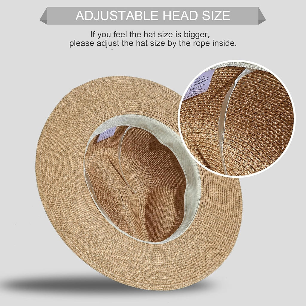 Lanzom Women Wide Brim Straw Panama Roll up Hat Fedora Beach Sun Hat UPF50+