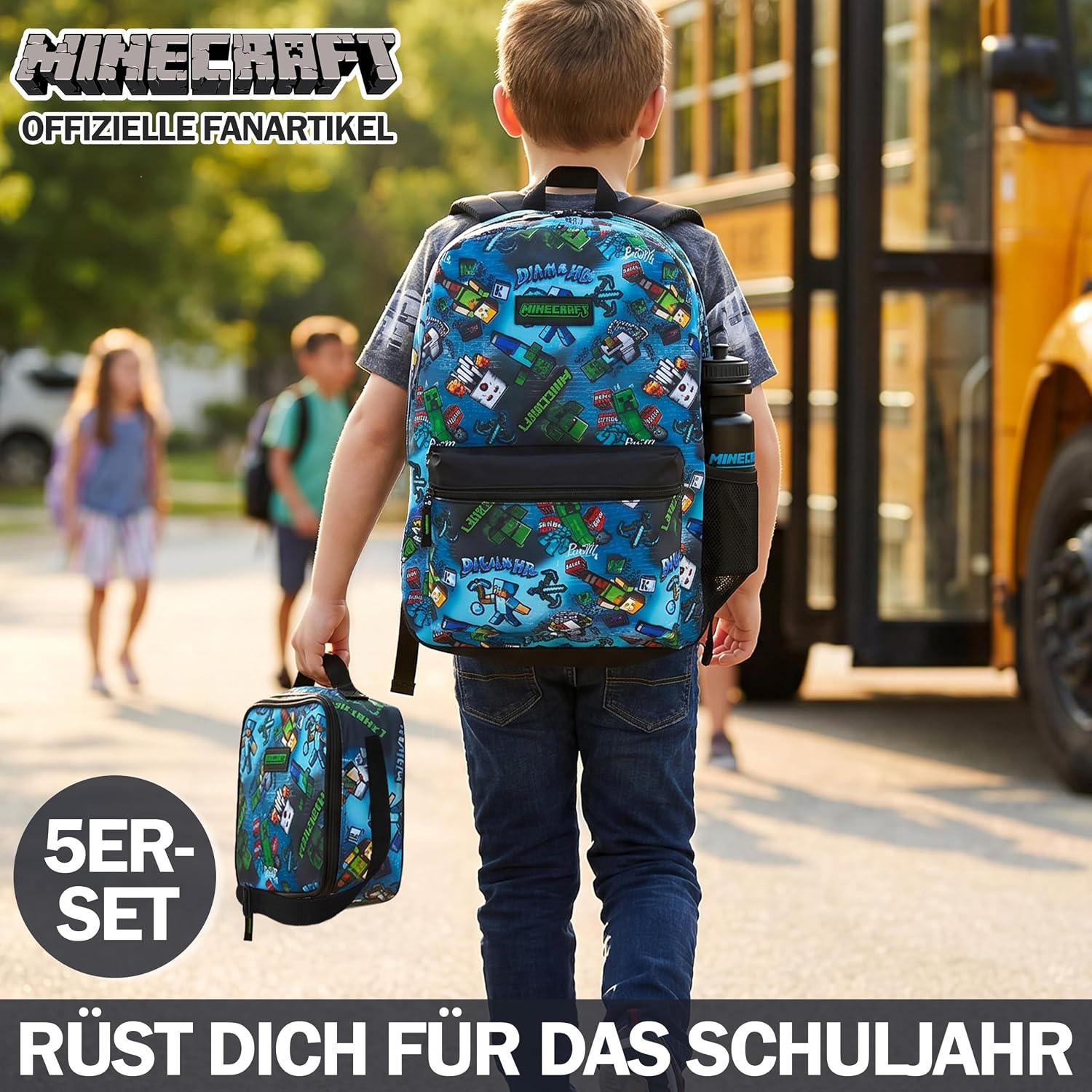 Get Trend Minecraft Kids Backpack Set For Boys With Insulated Lunch Bag, Water Bottle, Lanyard, & Charm, 5 Pc Book Bag With Padded Straps For School, Travel, Creeper Gamer Gifts (Multi Minecraft)