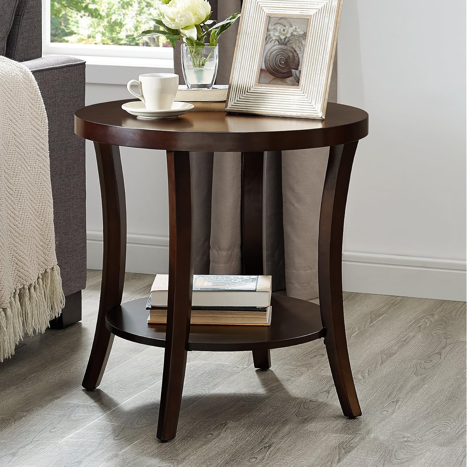 Roundhill Furniture Perth Contemporary Round End Table With Shelf, Espresso
