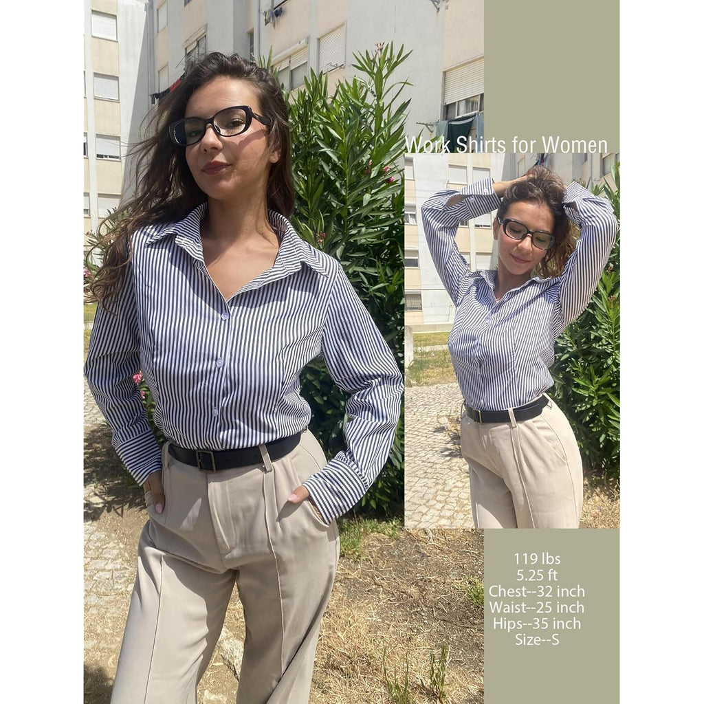 Button Down Shirts for Women Striped Collared Long Sleeve Blouses Dressy Casual Work Office Tops