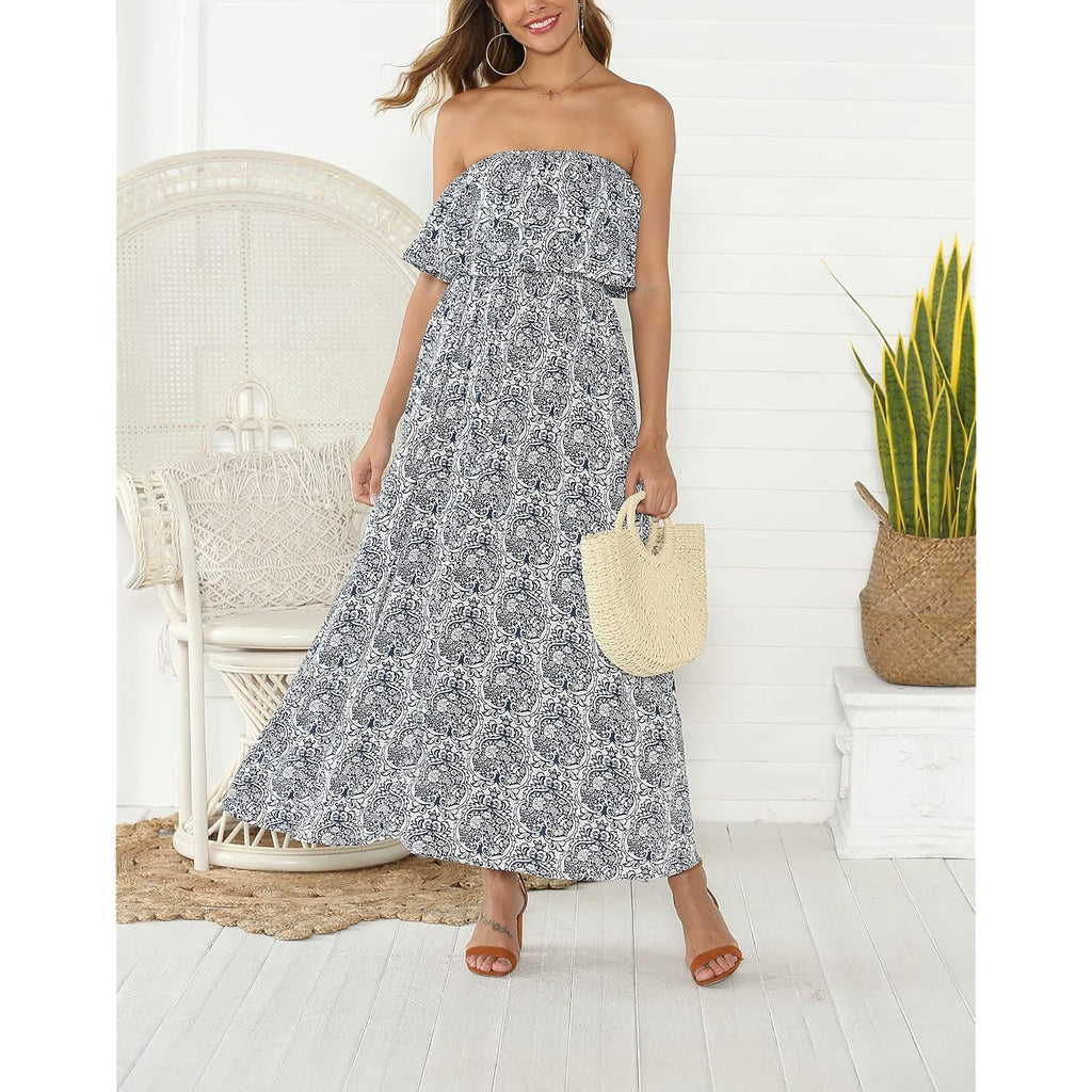 Zmpsiisa Women'S Summer Off The Shoulder Maxi Dress Ruffle Strapless Blue White Porcelain Boho Casual Loose Long Dresses
