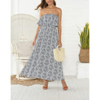 Zmpsiisa Women'S Summer Off The Shoulder Maxi Dress Ruffle Strapless Blue White Porcelain Boho Casual Loose Long Dresses