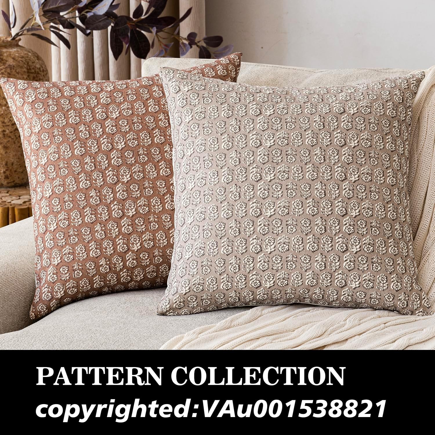 Foindtower Set Of 2 Decorative Neutral Floral Print Throw Pillow Covers Vintage Farmhouse Cushion Covers Boho Home Decor For Sofa Chair Couch Bedroom Living Room,18×18 Inch,Light Orange Brown