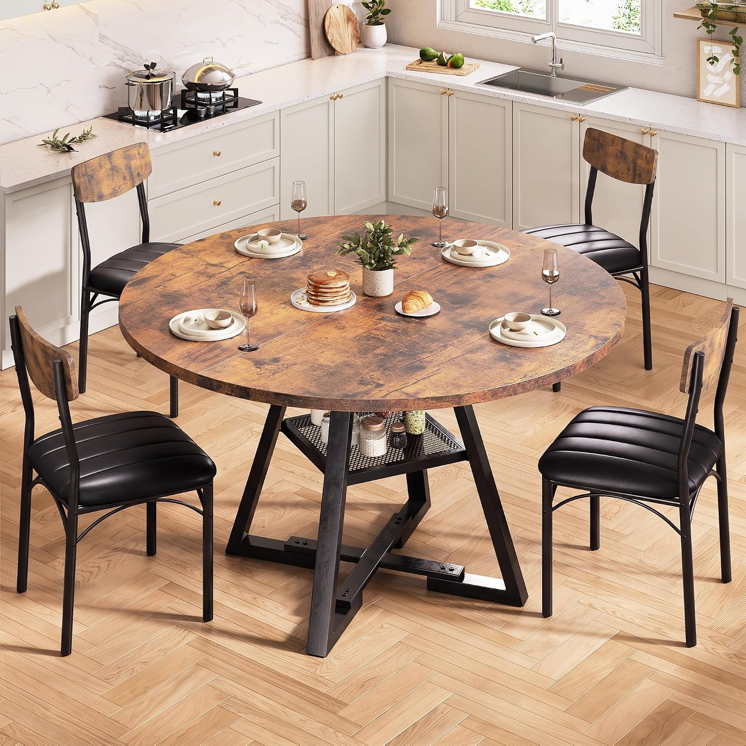 Dining Table Set For 4,Kitchen Table And Chairs For 4, Round Dining Room Table With Upholstered Chairs, 5 Piece Space Saving Circle Wood Kitchen & Dining Room Dinner Dinette Table Set (Vintage, 42In)