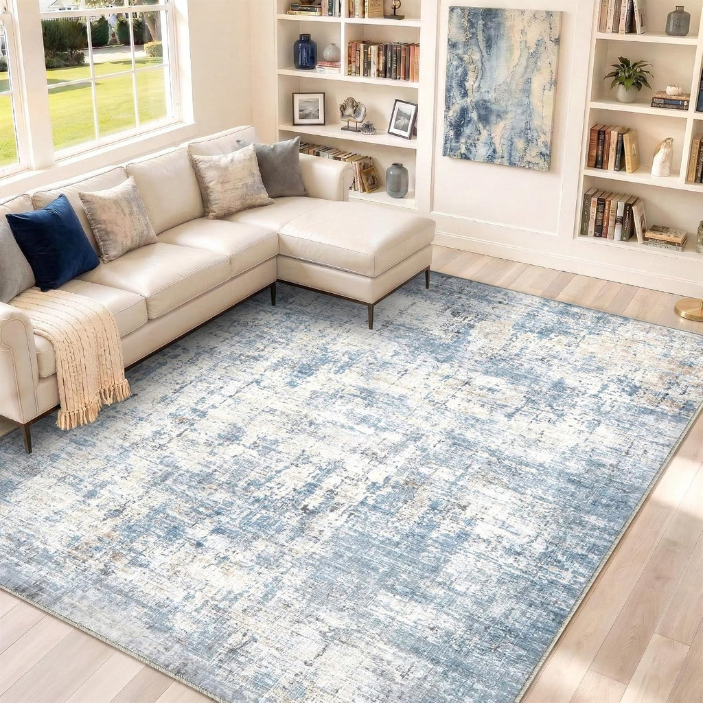 8X10 Area Rugs Washable Living Room Rug-No Slip Soft Carpets Modern Abstract Coastal Beach Indoor Floor Stain Resistant Large Carpet For Bedroom Dining Room Farmhouse Nursery Home Office Blue