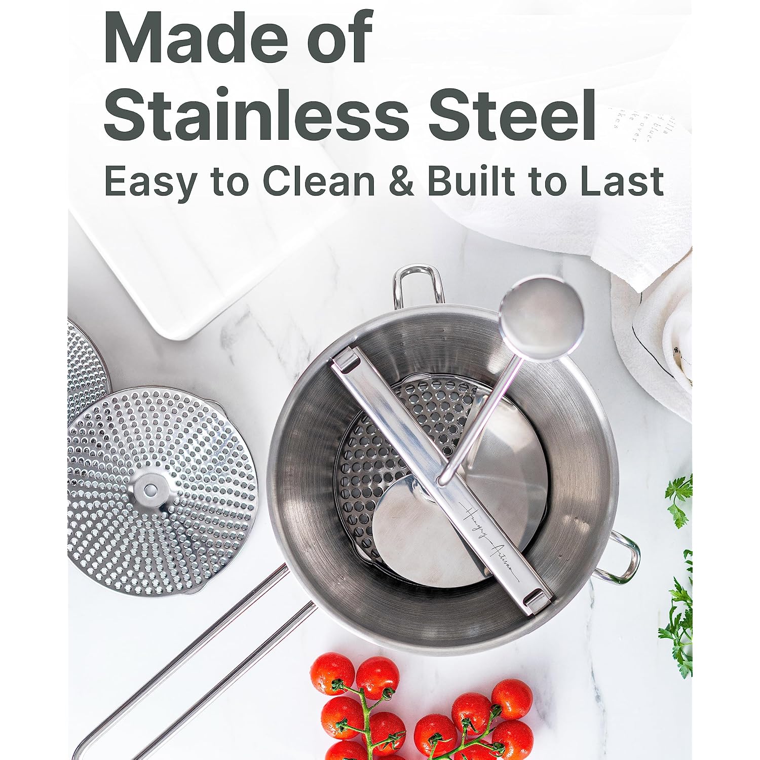 Stainless Steel Food Mill With 3 Discs – Ergonomic Rotary Hand Crank For Tomato Sauce, Applesauce, Baby Food, Mashed Potatoes, Puree & Canning