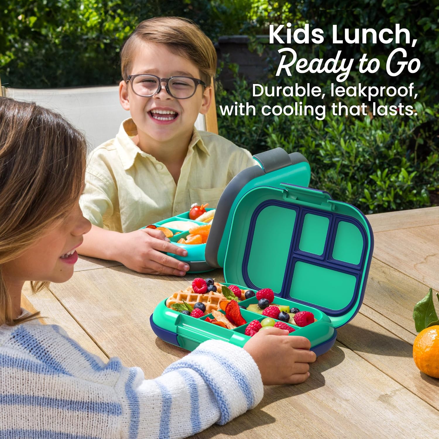 Bentgo Chill Kids Leakproof Lunch Box - 4-Compartment Bento Box With Built-In Ice Pack, 3.3 Cup Capacity, Bpa-Free, Microwave & Dishwasher Safe Tray, Ages 3–7 (Green/Navy)
