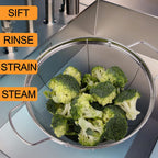 3 Pack 18/8 Stainless Steel Colander Sieves(5-Quart, 4-Quart And 3-Quart), Mesh Strainer Net Baskets With Handles & Resting Base For Strain, Drain, Rinse Or Steam
