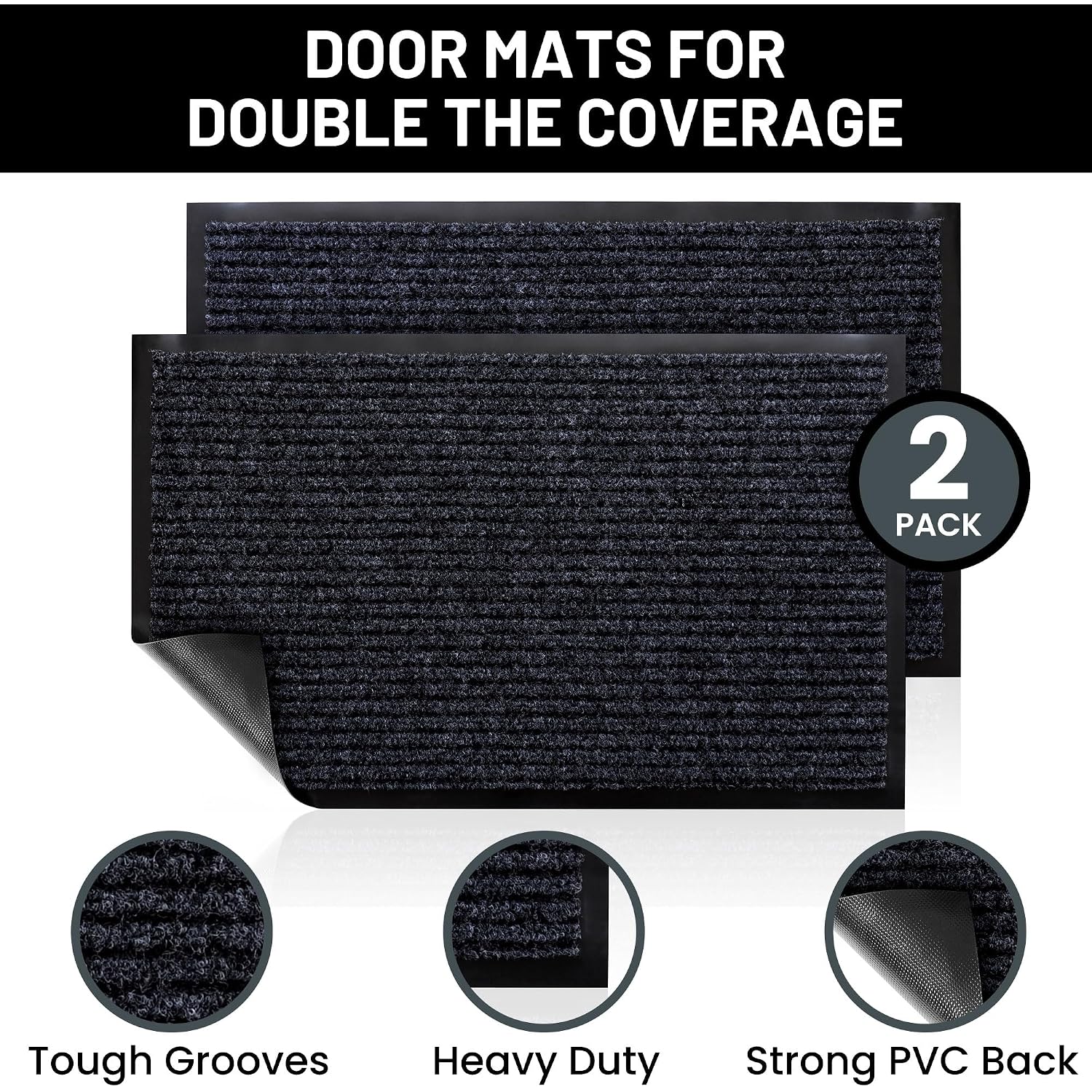 Front Door Mat, Indoor Outdoor Welcome Entryway Doormat, 30X17 Steel Gray | 2-Pack Low-Profile Muddy Doormats Trap Dirt, Mud & Moisture From Shoes & Pet Paws For Inside Outside Porch, Patio & Entryways