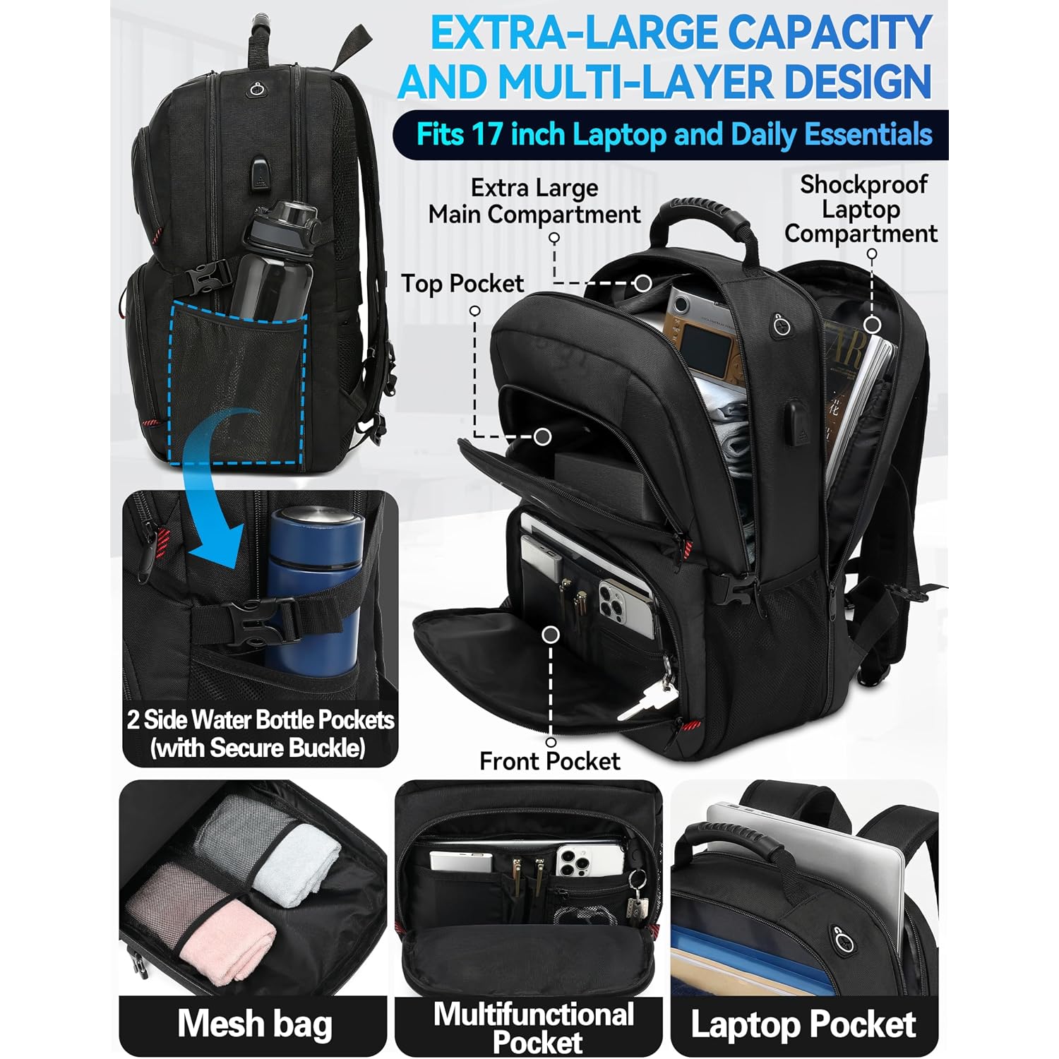 Proetrade Travel Backpack, Extra Large Laptop Backpack Business Anti Theft Tsa Approved College Work Computer Bag Fits 17 Inch Laptop With Usb Charging Port For Women Men(Black)