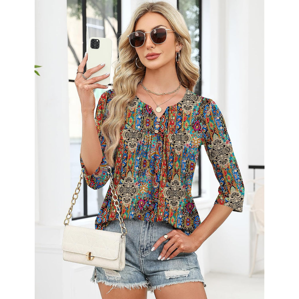 LOMON 3/4 Length Sleeve Womens Tops Dressy Casual Henley V Neck Blouses Loose Fit Tunics 2026 Trendy Summer Outfits