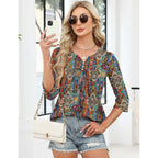 LOMON 3/4 Length Sleeve Womens Tops Dressy Casual Henley V Neck Blouses Loose Fit Tunics 2026 Trendy Summer Outfits