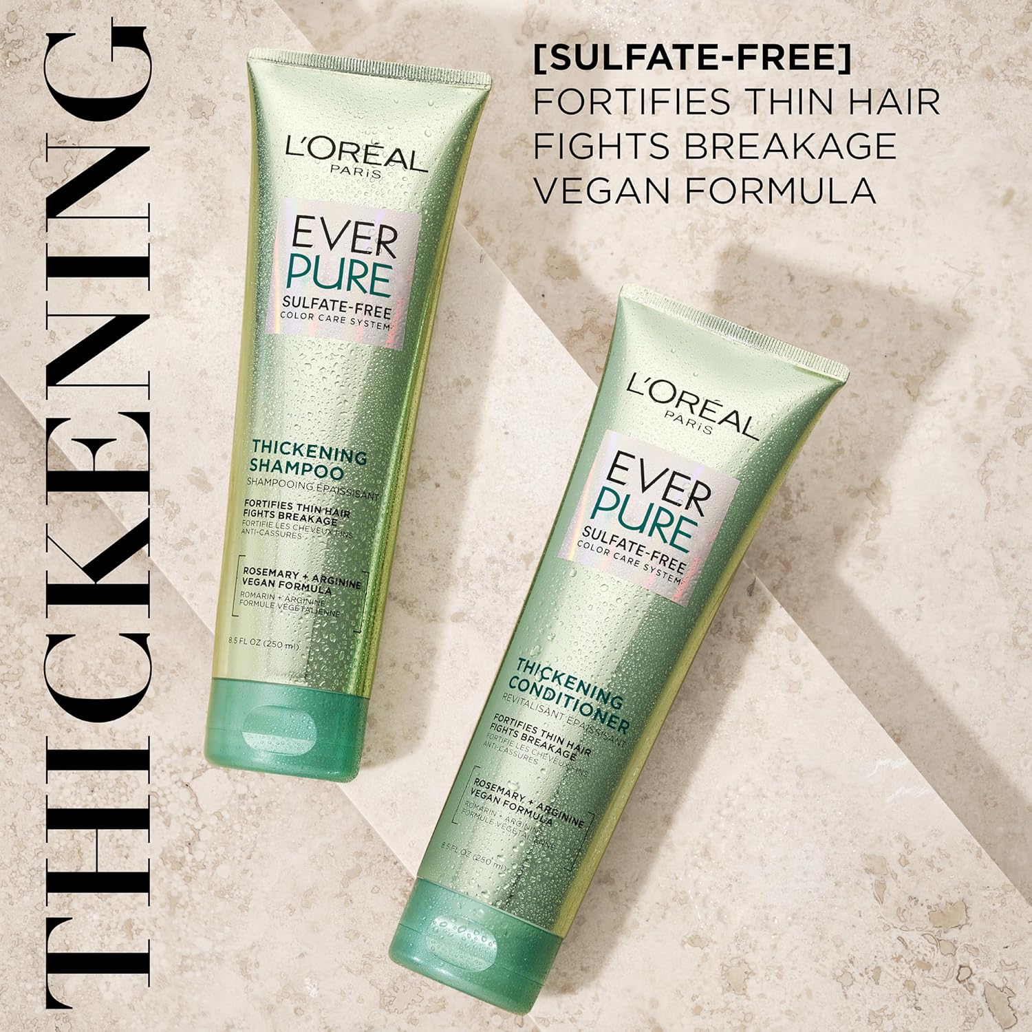 L'Oreal Paris Thickening Sulfate Free Shampoo and Conditioner, Thickens + Strengthens Thin, Fragile Hair, EverPure, 1 Hair Care Kit