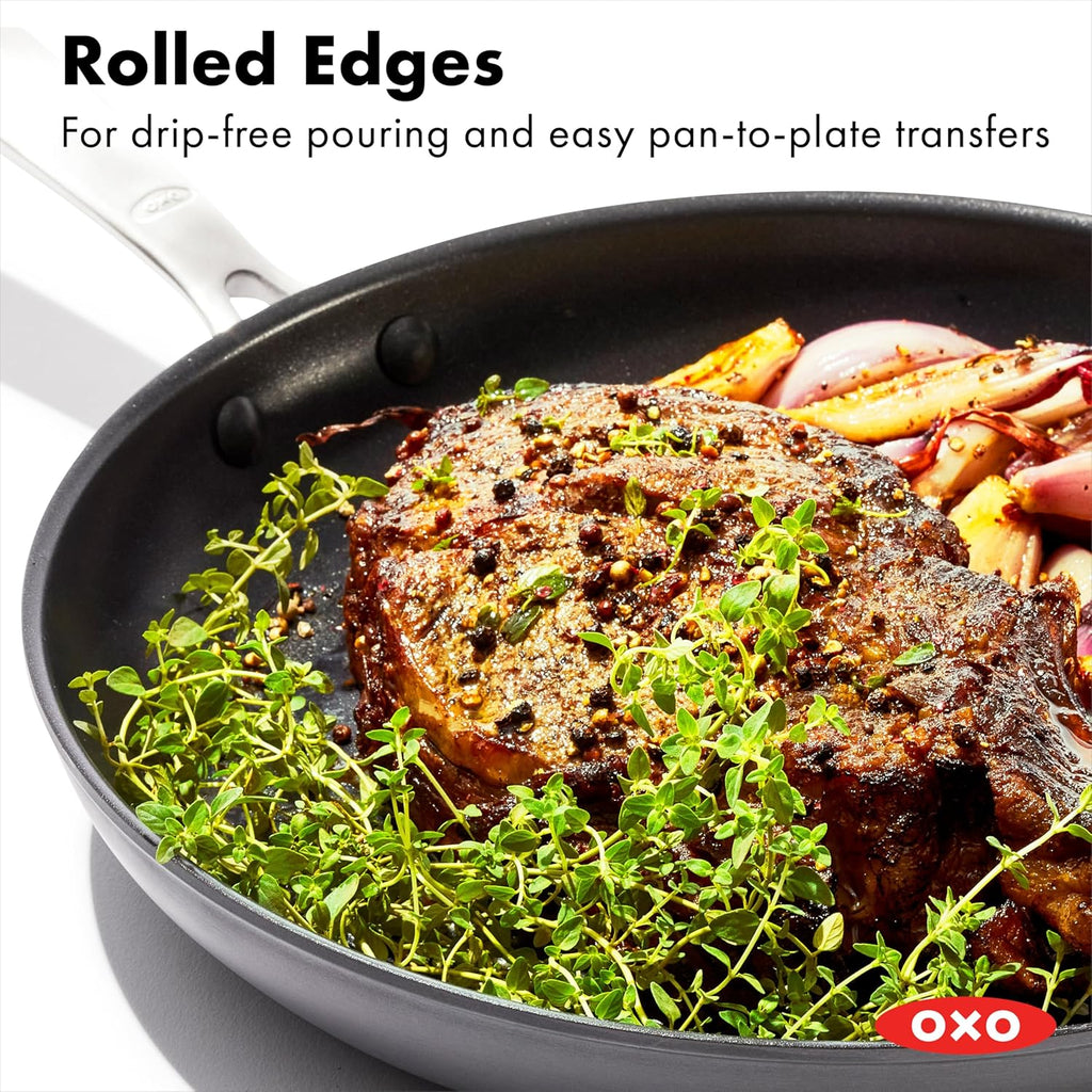 OXO Enhanced 12" Frying Pan Skillet, PFAS-Free Ceramic Nonstick, Durable Hard Anodized Cookware, Scratch Resistant, Stainless Steel Handle, Good Grips, Dishwasher & Oven safe, Black