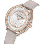 Swarovski Crystalline Aura Watch, Taupe Leather Strap, Rose-Gold Tone Finish, Clear Crystals, Swiss Made, Part Of The Crystalline Watch Collection