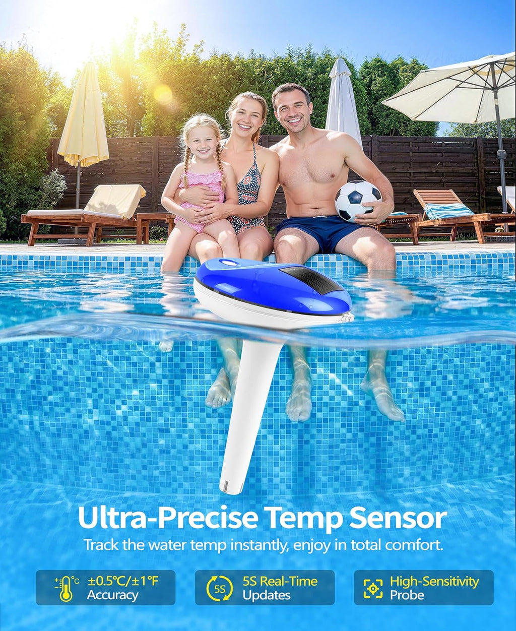 Solar Digital Pool Thermometer Floating Easy Read With One Rope | Large Lcd Display With Big Numbers, ±0.5℃ High Precision, Ip68 Waterproof Pooltemperature Gauge For Hot Tub, Spa