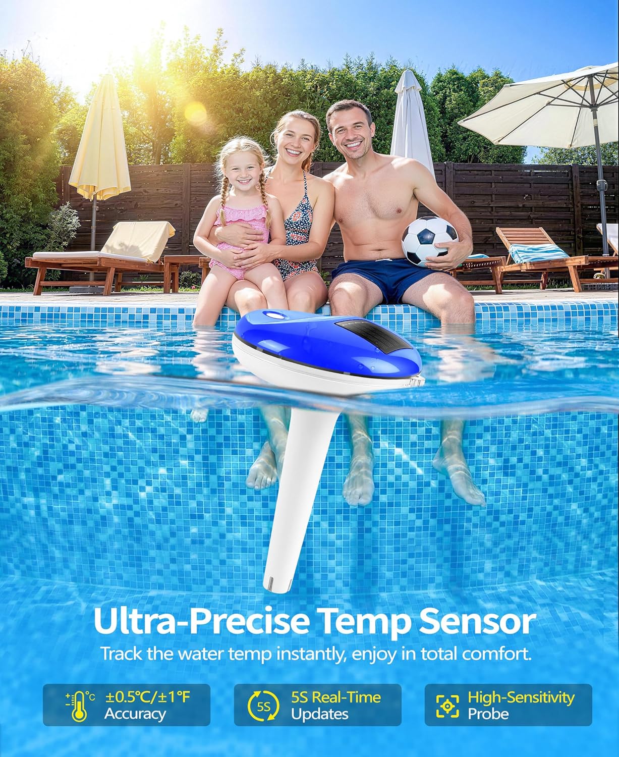 Solar Digital Pool Thermometer Floating Easy Read With One Rope | Large Lcd Display With Big Numbers, ±0.5℃ High Precision, Ip68 Waterproof Pooltemperature Gauge For Hot Tub, Spa