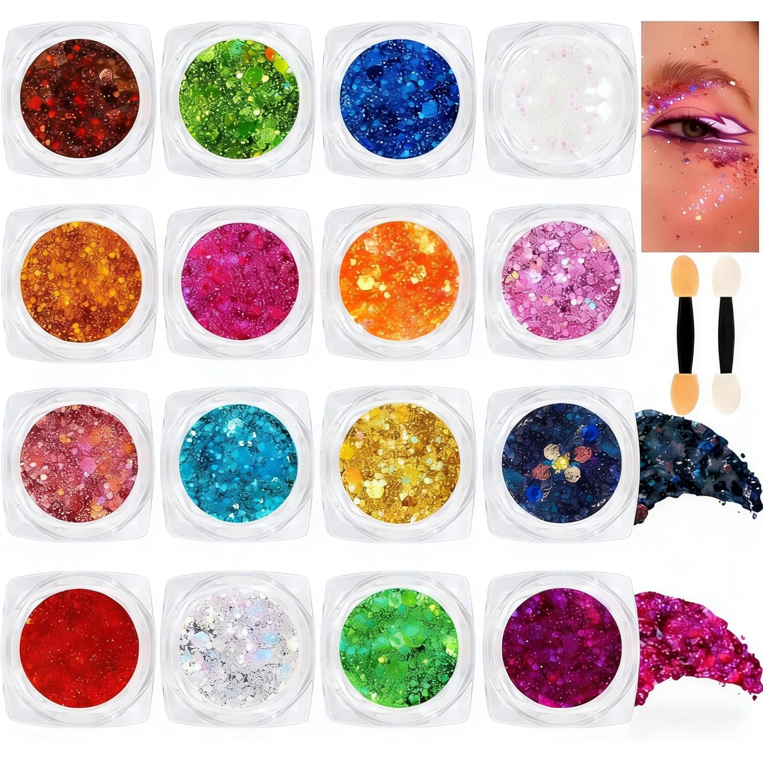 16 Colors Chunky Fine Mixed Holographic Glitter Gel Set for Face and Body Makeup Festival Party Sparkle Glitter Gel Decoration Rave Accessories